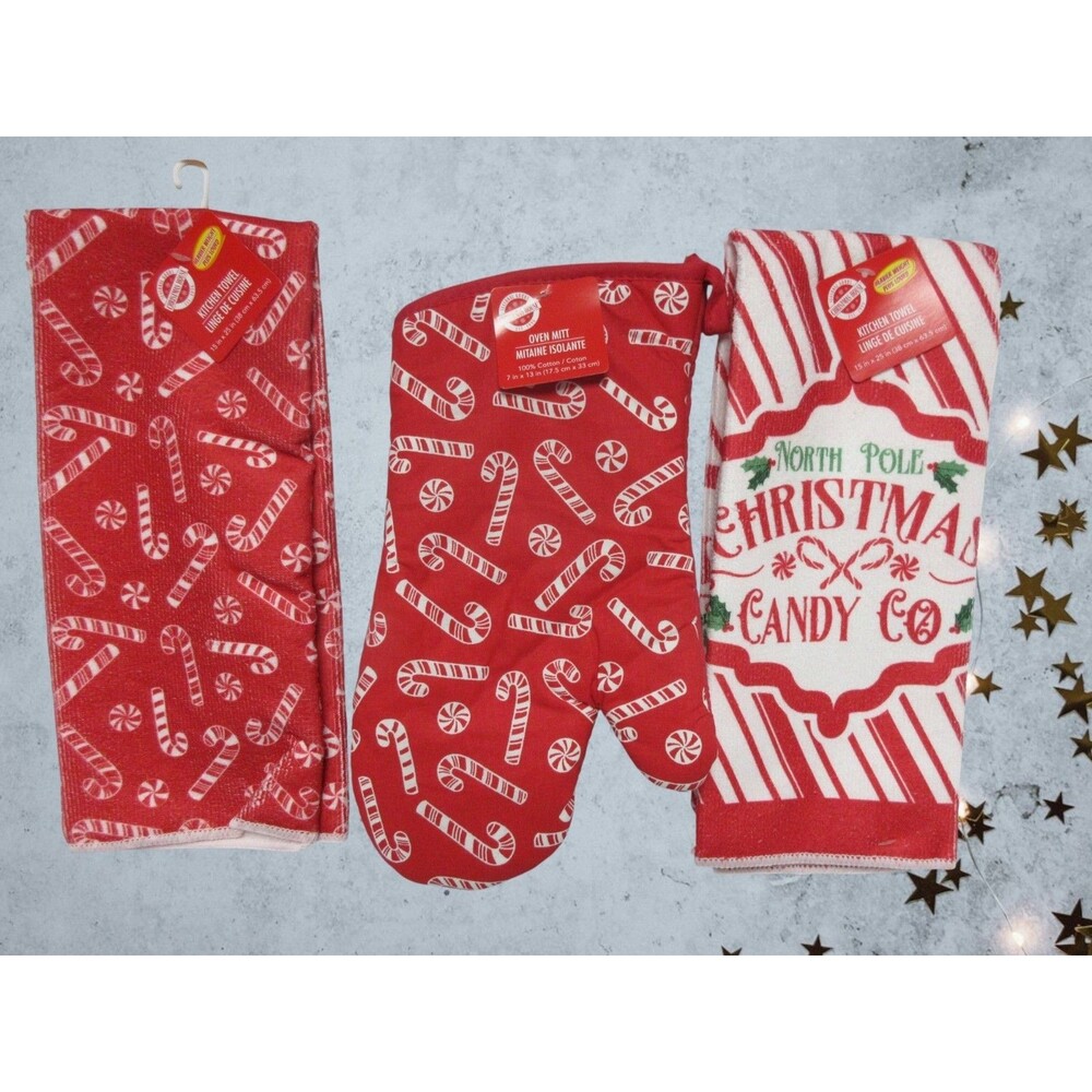 3 pc kitchen towel set (2 Kitchen Towels 1 Oven Mitt)North Pole Christmas Candy